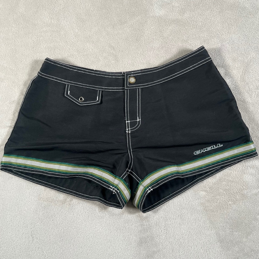 Vintage 90s O'Neill Board Shorts Women's Size 13 Black Striped Trim Surf Nylon